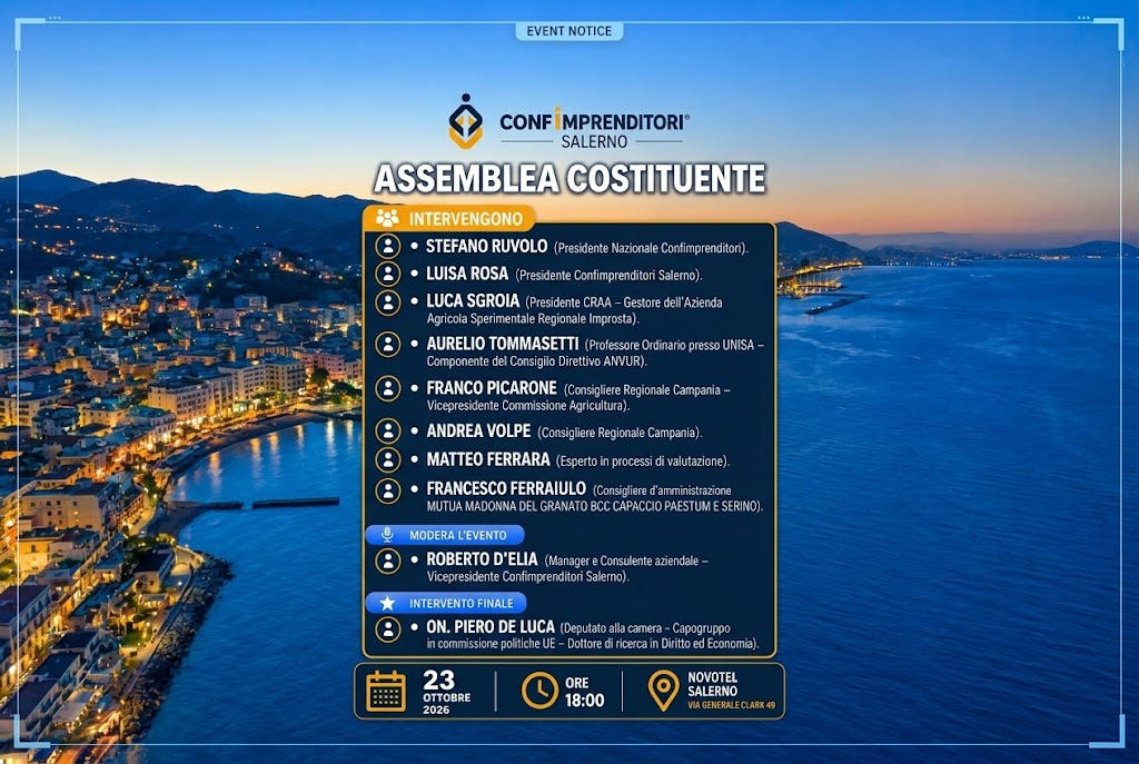 Confimprenditori Salerno, il 23 ottobre l’Assemblea Costituente: istituzioni e imprese a confronto sul futuro del territorio